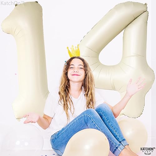 Miniatura 6 de KatchOn, Globos de color blanco crema con el número 14, 40 pulgadas, globo de cumpleaños de 14 años, decoraciones de cumpleaños de 14 para niñas,