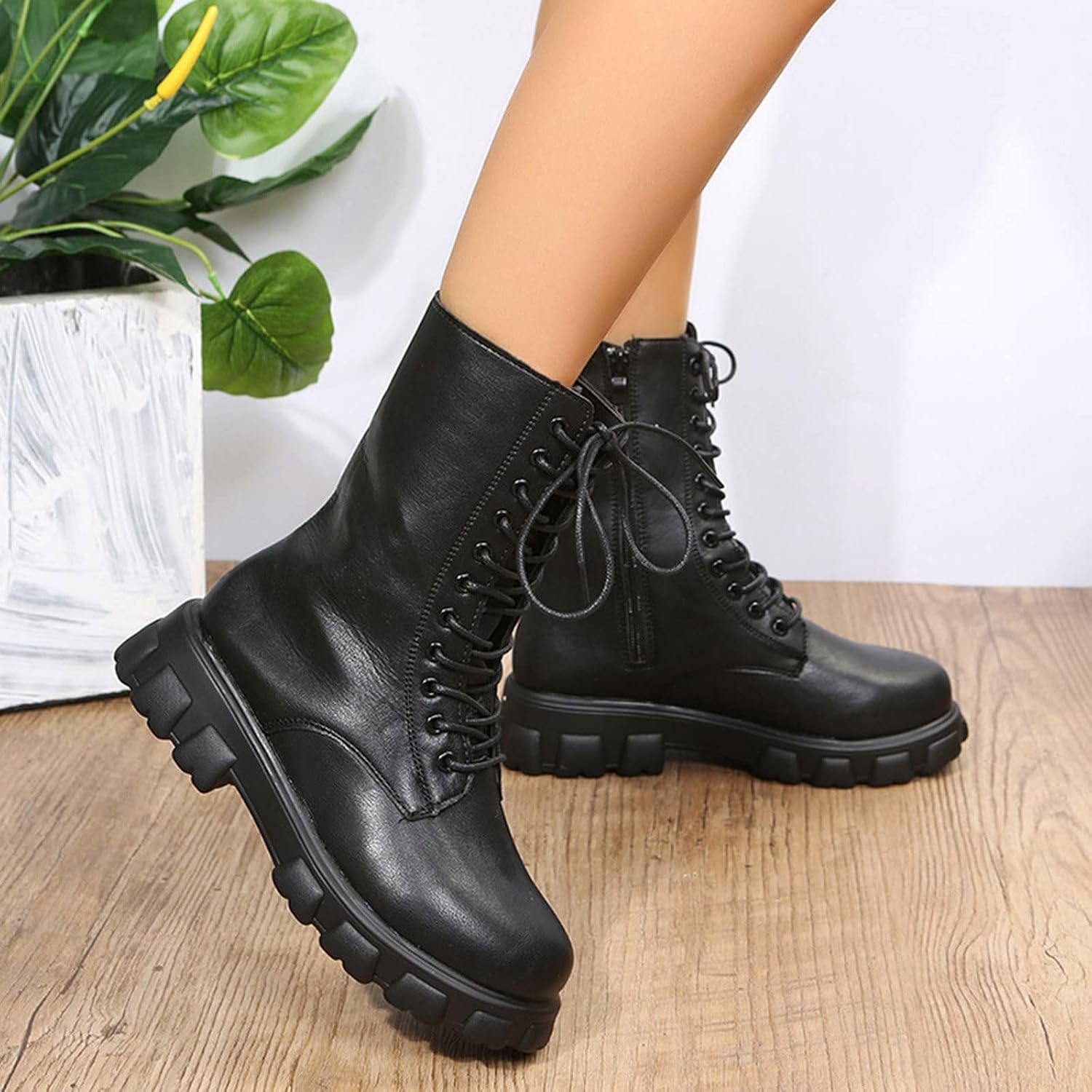 Women's Casual Lace Up Chunky Boots Leather Side Zipped Mid Calf Shoes Western Cowgirl Platform Winter Fall Booties