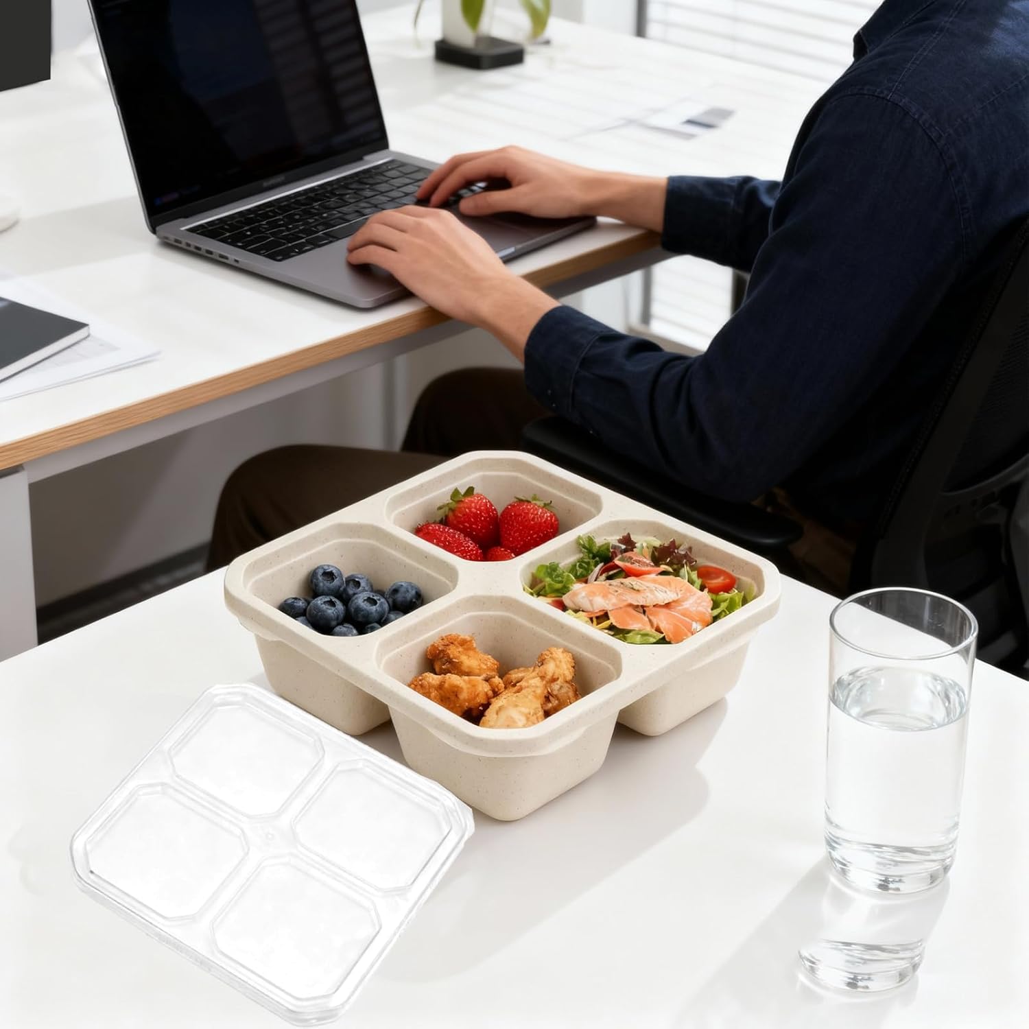 16 Pcs 4 Divided Compartments Snack Containers with Lid Reusable Bento Snack Box Wheat Straw Food Storage Containers for Lunch Meal Prep Adults Work Travel (Beige)