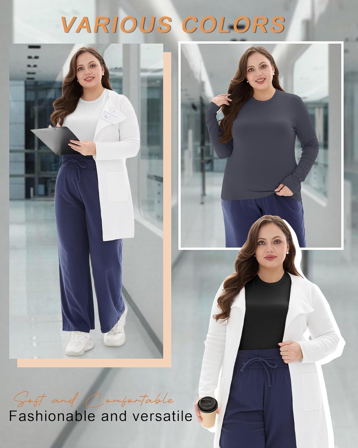 4 Pack Women's Plus Size Underscrub Shirts Long Sleeve Crew Neck Tops Fitted Basic Layering Tee for Nurse Undershirt - Image 5