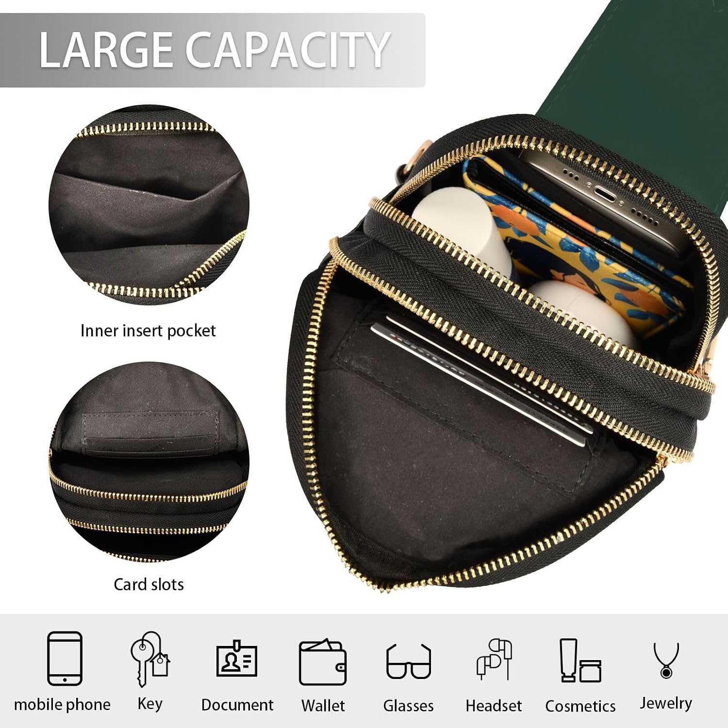 Crossbody Bags for Women Flower Leave Dark Green Print Leather Sling Purse