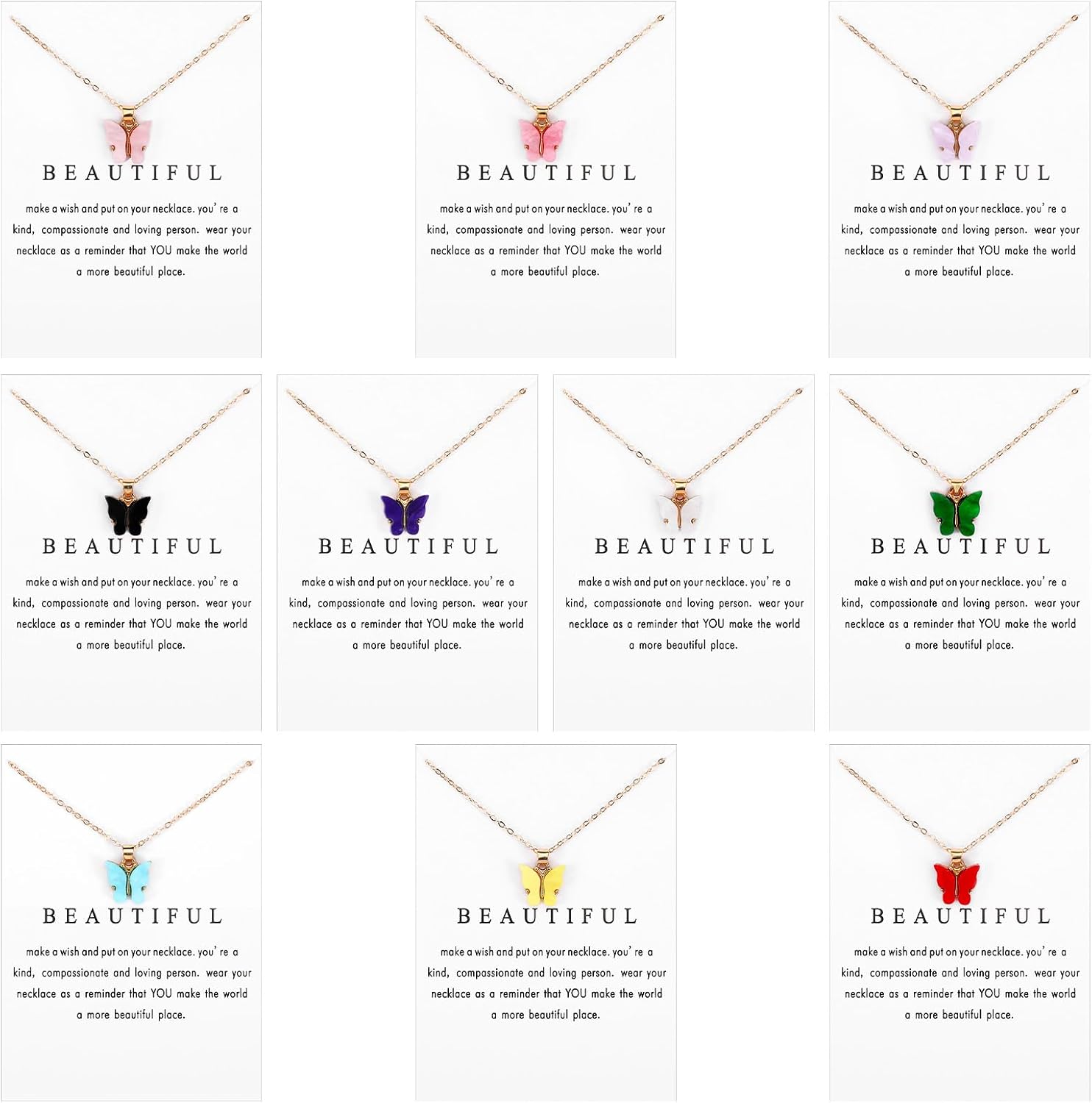 10 Pieces Colorful Butterfly Pendant Necklace Set For Women, Colorful Butterfly Jewelry Butterflys Necklace, Butterflys Chain Necklaces Pack Friendship Party Jewelry Gift
