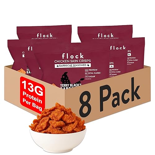 Flock Chips de piel de pollo keto  Sabor de barbacoa de Terry Black's  Bajo en carbohidratos, alto en proteínas, sin azúcar, sin gluten, fritas de