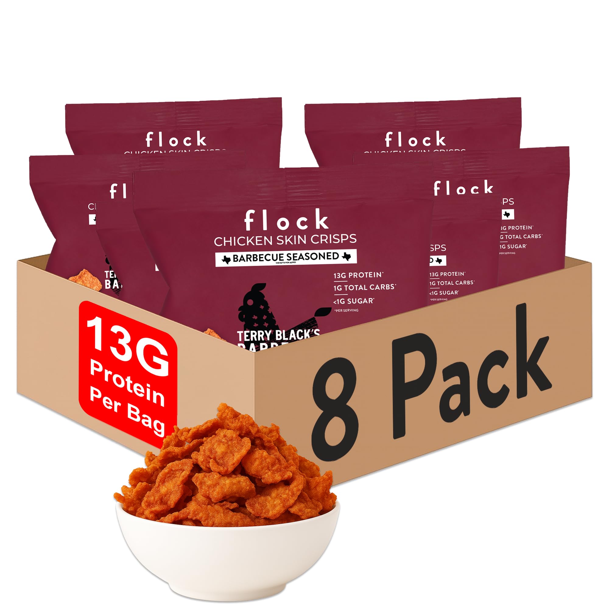 Flock Chips de pele de frango sabor Terry Black's BBQ 28,35 g pacote com 8