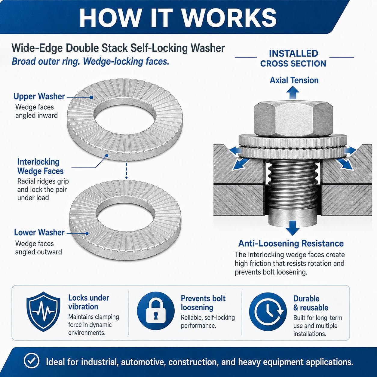 Double Layer self-Locking washers Anti-Loosening Washers Belleville Washers Vibration-Resistant Locking Fasteners for Automotive,IndustrialMachinery,Construction Equipment & Maintenance (3/8,20)