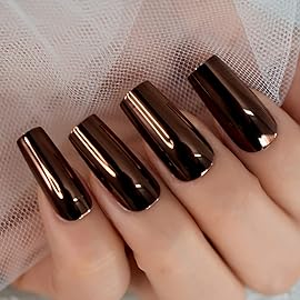 Champagne Metallic Press On Nails Long Coffin Shiny Fancy Sexy Prom Party Gold Coffee Faux Ongles 24pcs