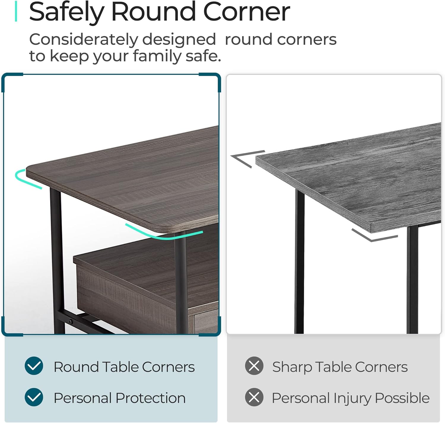 Close-up comparison of a coffee table with safely rounded corners versus sharp corners, emphasizing safety.