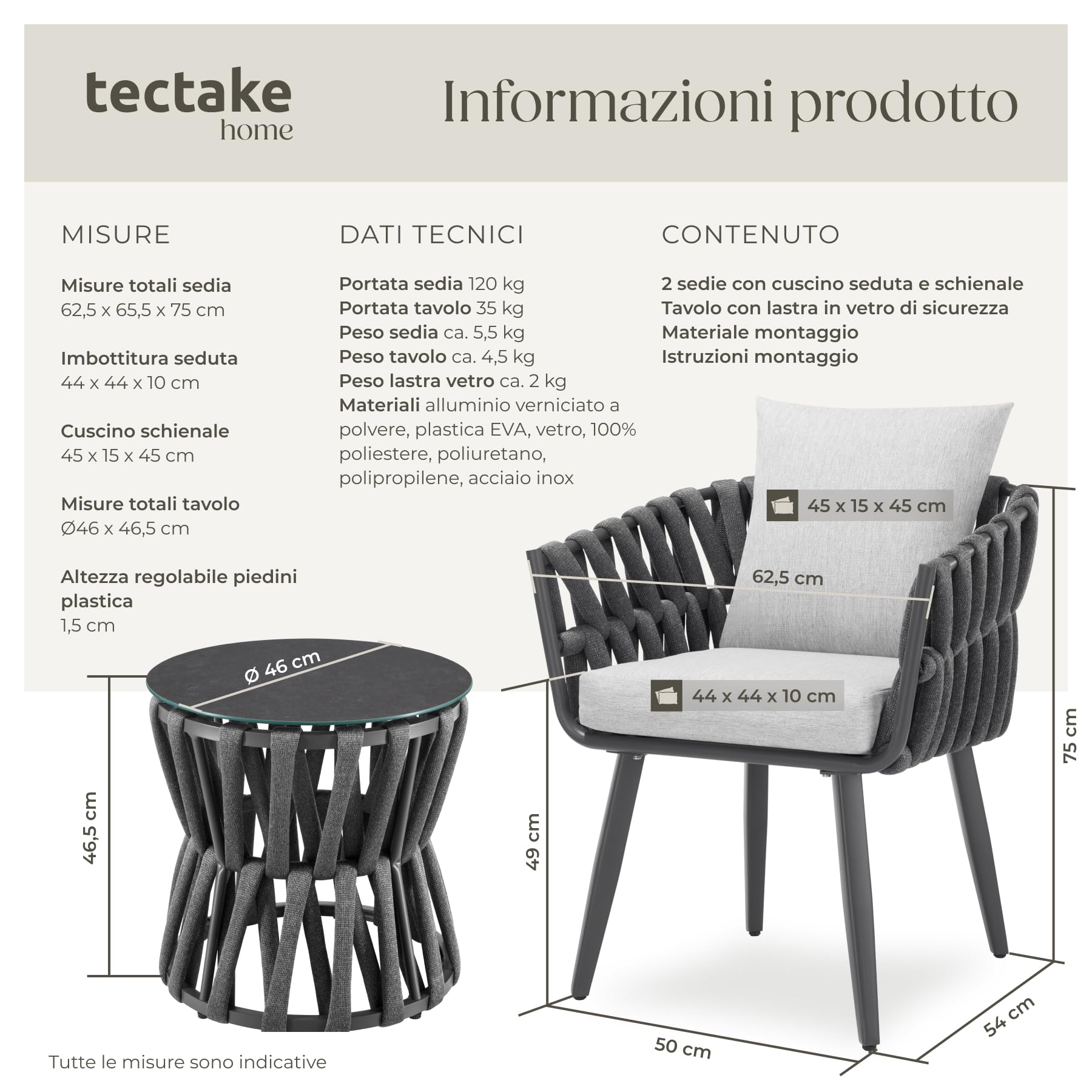 tectake® Set Salotto da Giardino esterno, 2 Sedie, 1 Tavolino da Salotto in vetro, Set Mobili da Esterno in Corda, Tavolo con Sedie Relax, Poltroncina Arredo Giardino, Piscina, Terrazza Balcone - Gray