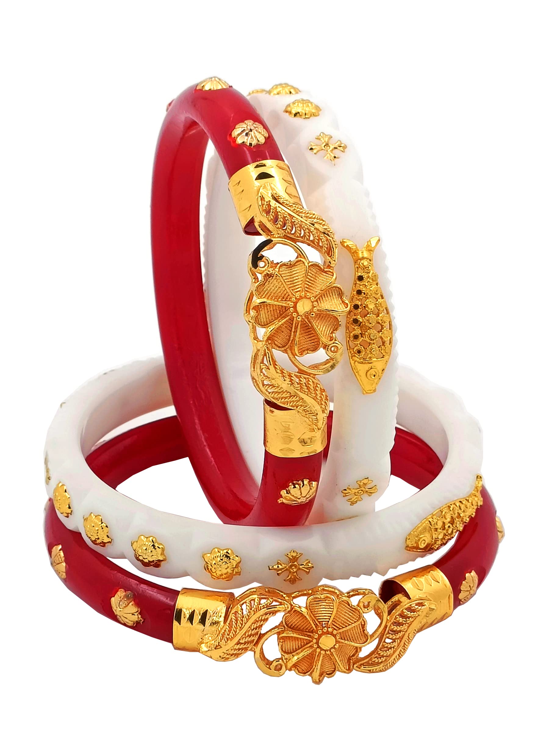 JILL FASHION Plastic Gold Plated Shakha Pola Bangle Set for Women (Mukh Flower Red & 786 Fish White) (2-8) (B0BSP1WBGW) Amazon Price History, Amazon Price Tracker
