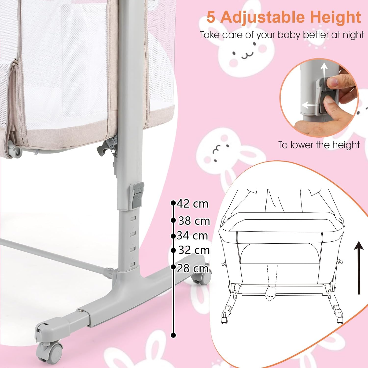 Image showing the bassinet's height adjustment mechanism and different height levels marked from 28 cm to 42 cm.