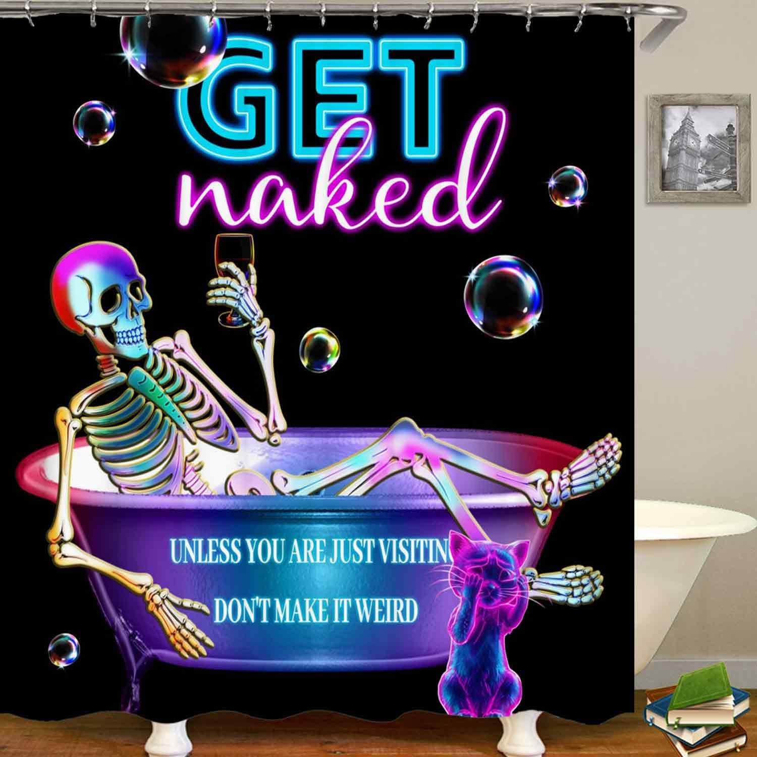4PCS Neon Funny Skull Shower Curtain Sets with Rugs, Waterproof Fabric Black Shower Curtain, Halloween Cat Gothic Unique Cool Spooky Skeleton Colorful Bubbles Modern Get Naked Bathroom Decor image 3