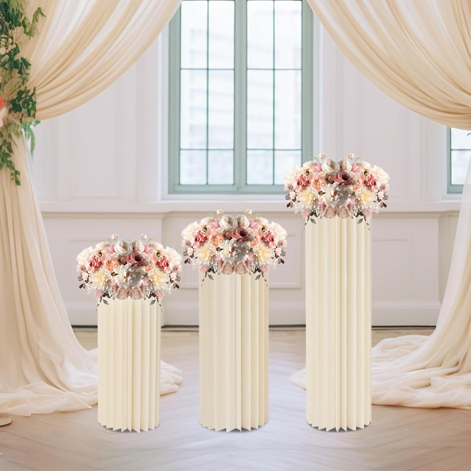 3 Pcs Cylinder Stands for Party, Round Pedestal Stand Foldable Cardboard Columns, Honeycomb Paper Pillars for Wedding Centerpieces, Baby Shower, Birthday Table Display Decoration with PVC Plates