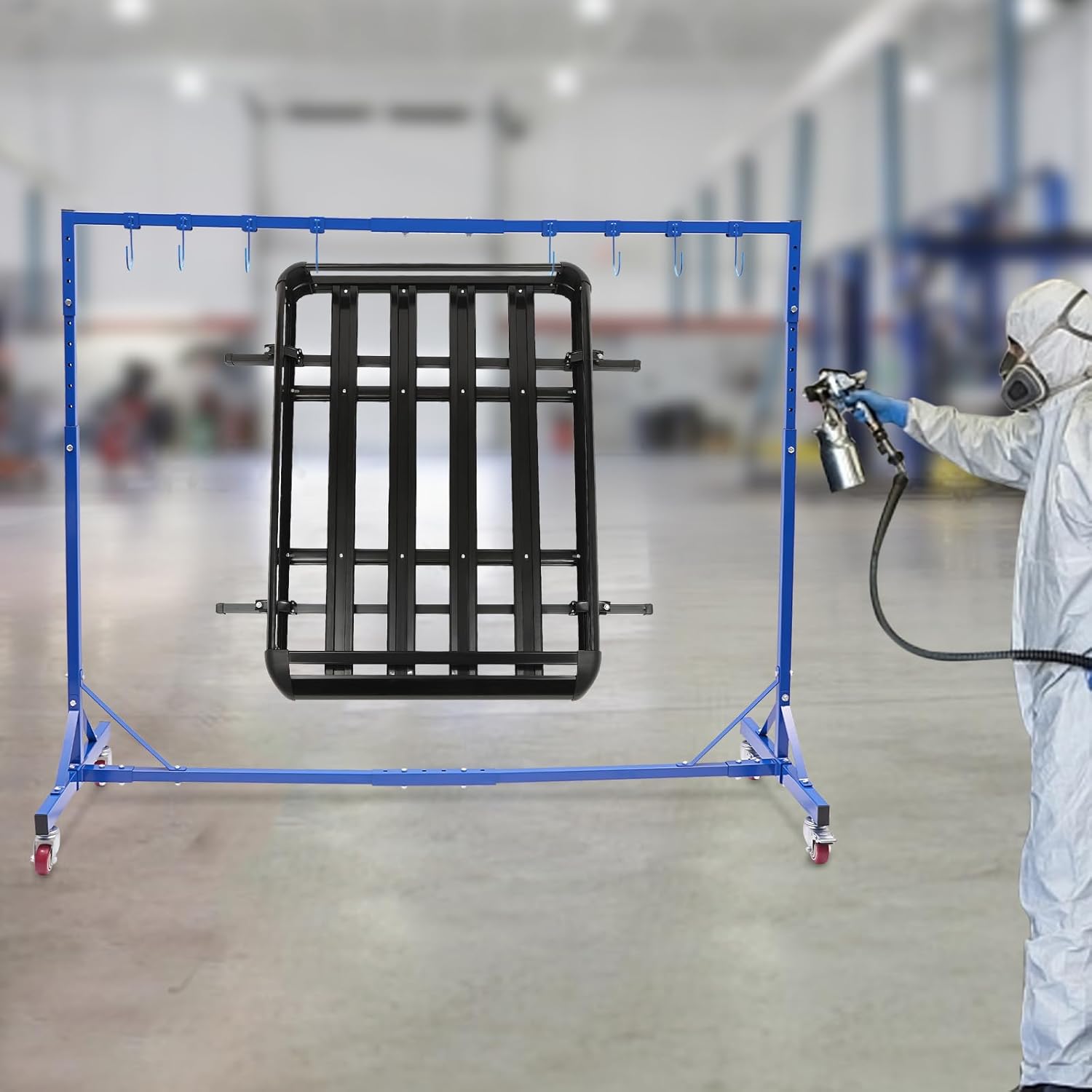 Painting Rack Hanger, Adjustable Automotive Painting Hanging Stand 7 Foot Paint Hanger Mobile Auto Body Shop Painting Stand with Hanging Hooks, Heavy Duty Paint Hanger Hooks with Swivel Wheels (Blue)