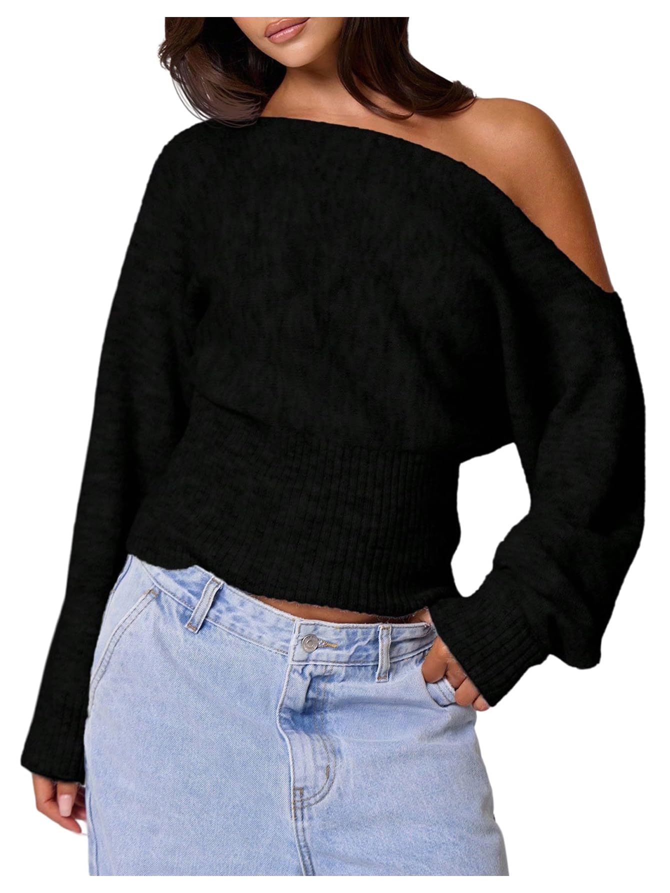 Milumia Womens Off The Shoulder Sweater Long Sleeve Cinched Waist Fall Knit Tops Knitwear