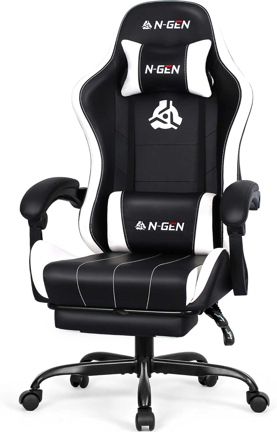 N-GEN GAMING Video Gaming Chair with Footrest Lumbar Support for Home Office High Back Recliner Height Adjustable Ergonomic Comfy Leather Computer Desk Chair (White)