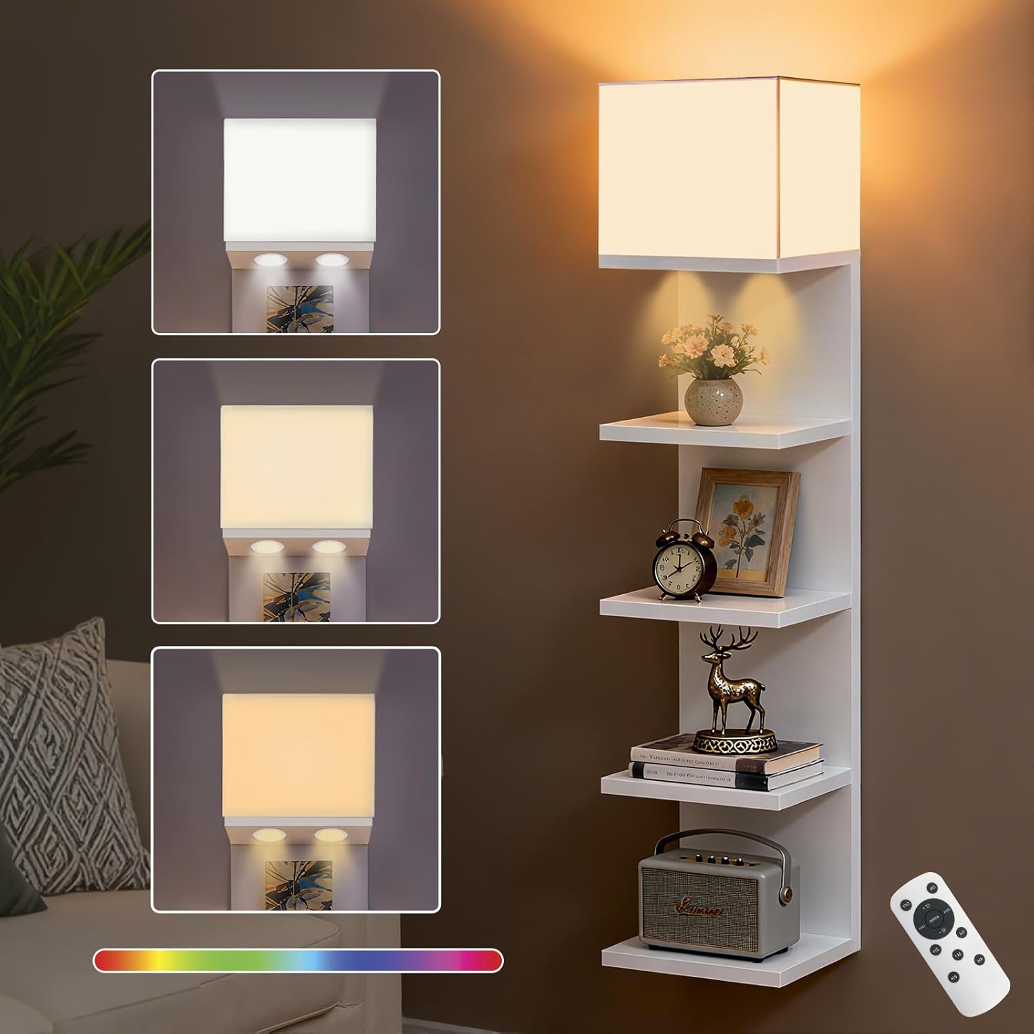 5 Tier Wall Shelf Unit with Light, Lack Wall Shelf, Modern Vertical Floating Shelf, Decorative Wall Mount Vertical Shelves for Bedrooms, Living Rooms, Vanity, Floating Storage, White
