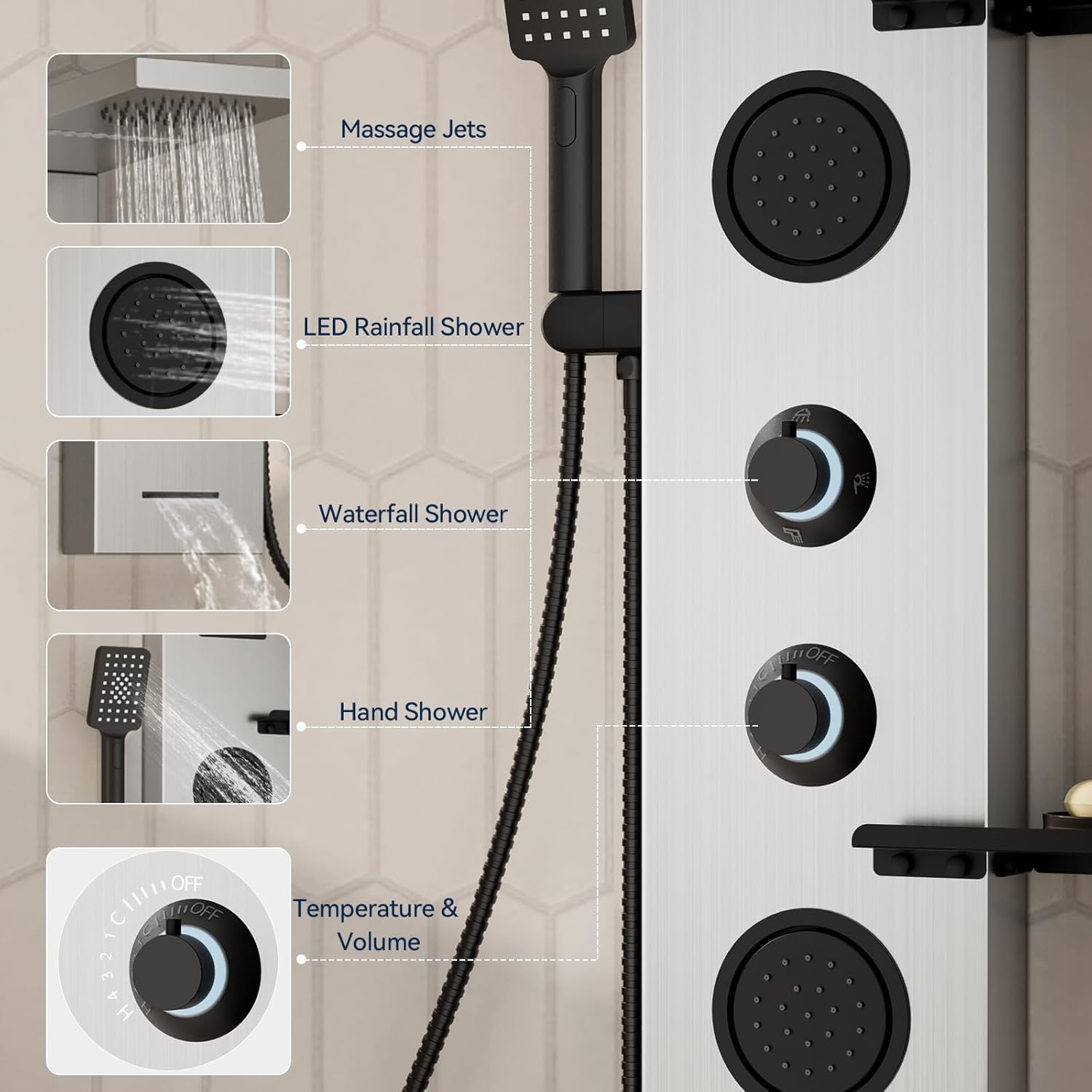 4 In 1 Shower Panel System with Shelf,LED Rainfall Shower Head and Massage Body Jets,3 Functions Handheld Head and Tub Spout,Stainless Steel Bathroom Shower Fixtures,Brushed Nickel by Homevacious