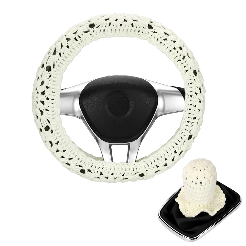 Capa de Crochê para Volante com Capa para Manopla de Câmbio HOMEGYMFREE, Estampa Granny Square com Girassol, 35,6–38,1 cm, Kit com 2 peças