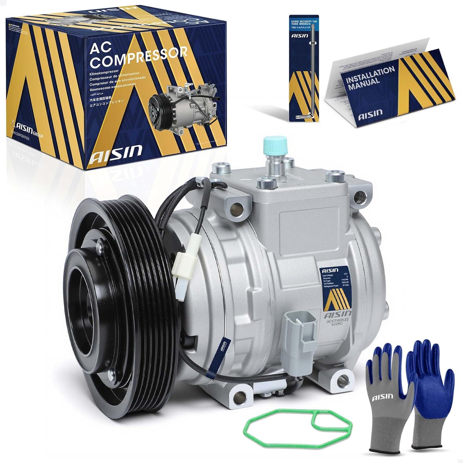 AISIN AFTERMARKET ACCT-00532 Air Conditioner AC Compressor - Compatible with Toyota Corolla 1998-2002 1.8L - with 6-Pulley Groove, with Clutch