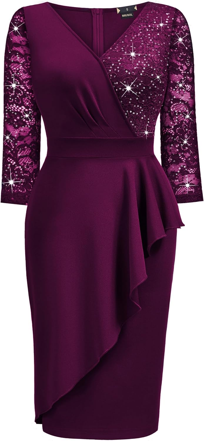 Miusol Women's Classy V-Neck Glitter Sequin Lace 3/4 Sleeve Cocktail Party Dress - Image 5