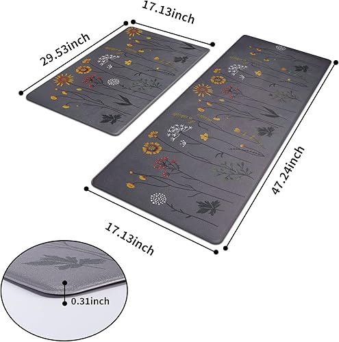 Miniatura 3 de Rempry Juego de 2 alfombras y tapetes de cocina, tapetes de cocina con flores coloridas para piso, antideslizantes acolchados anti-fatiga para