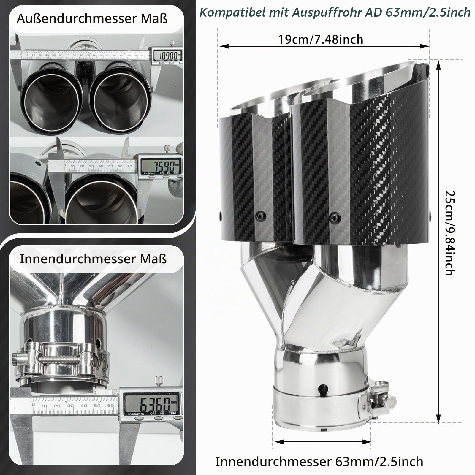 Catekro 63mm Doppeltes Auspuff Endrohr, Auspuffspitzen aus Edelstahl & Kohlefaser Universal für Auto mit 2,5" Einlass Sportliches Auspuffrohr Endrohr Exhaust Tailpipe (Glänzendes Schwarzes Silber)