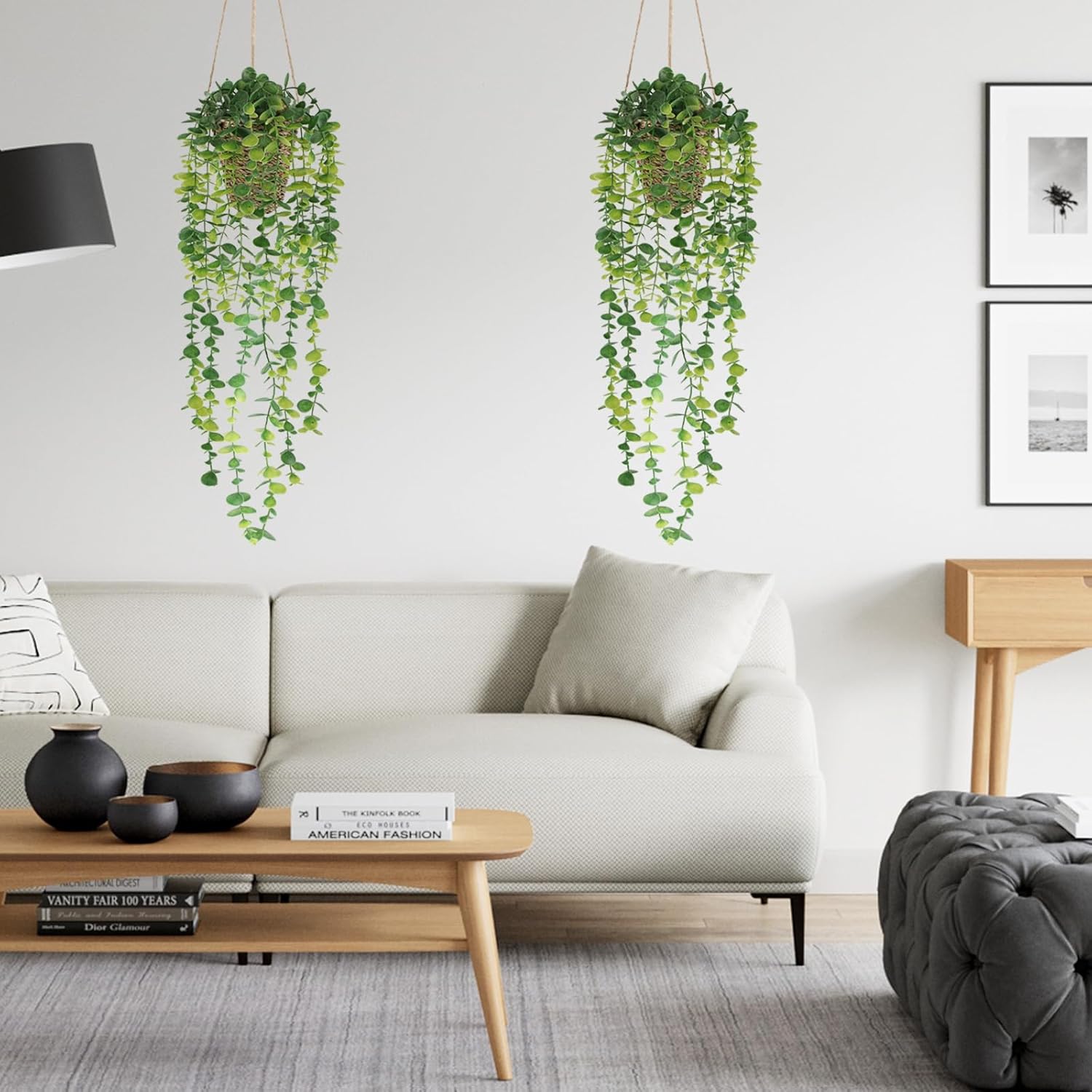 Nisoger Fake Hanging Plant with Woven Basket, 2 Pack Artificial Hanging Plants, Faux Vines Eucalyptus Leaf Hanging Pot Plant for Wall Home Room Indoor Outdoor Bedroom Bathroom Office Decor - Image 4