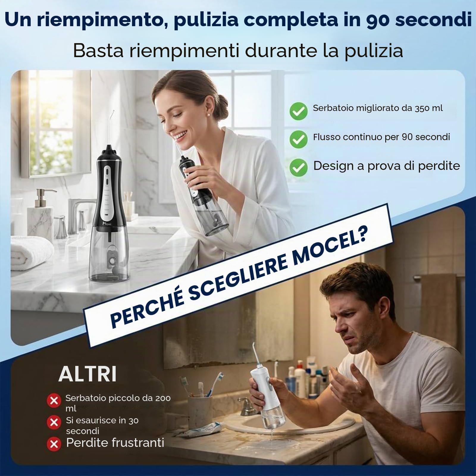 MOCEL Irrigatore orale con 5 modalità, 350 ml, senza fili, per la pulizia dei denti, con 6 punte, IPX7, impermeabile, ricaricabile, portatile, potente batteria per viaggi e casa e cura dei ponti