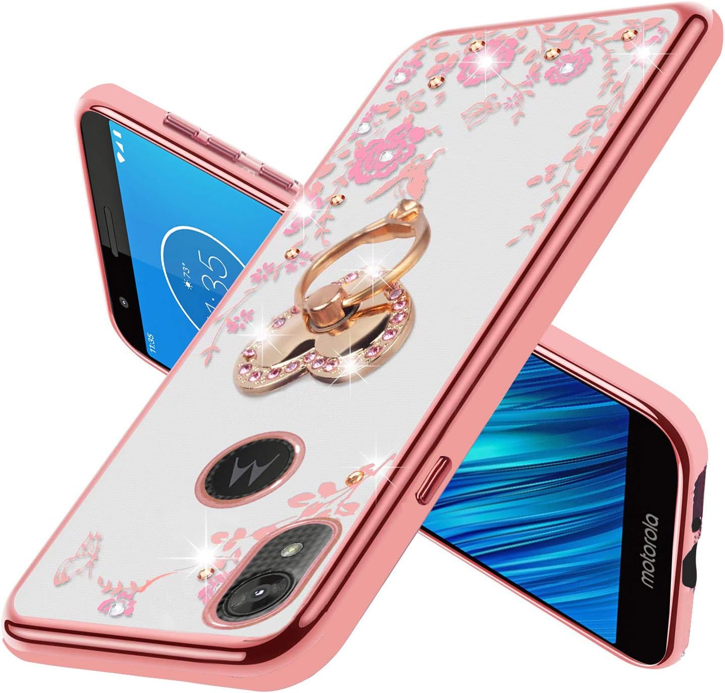 Moto E6 Case with Lanyard Neck Strap, Glitter Crystal Butterfly Heart Floral Series-Cute for Girls Women Soft TPU Protective Cover Clear Case with Ring Stand Holder for Motorola E6 - Rose Gold