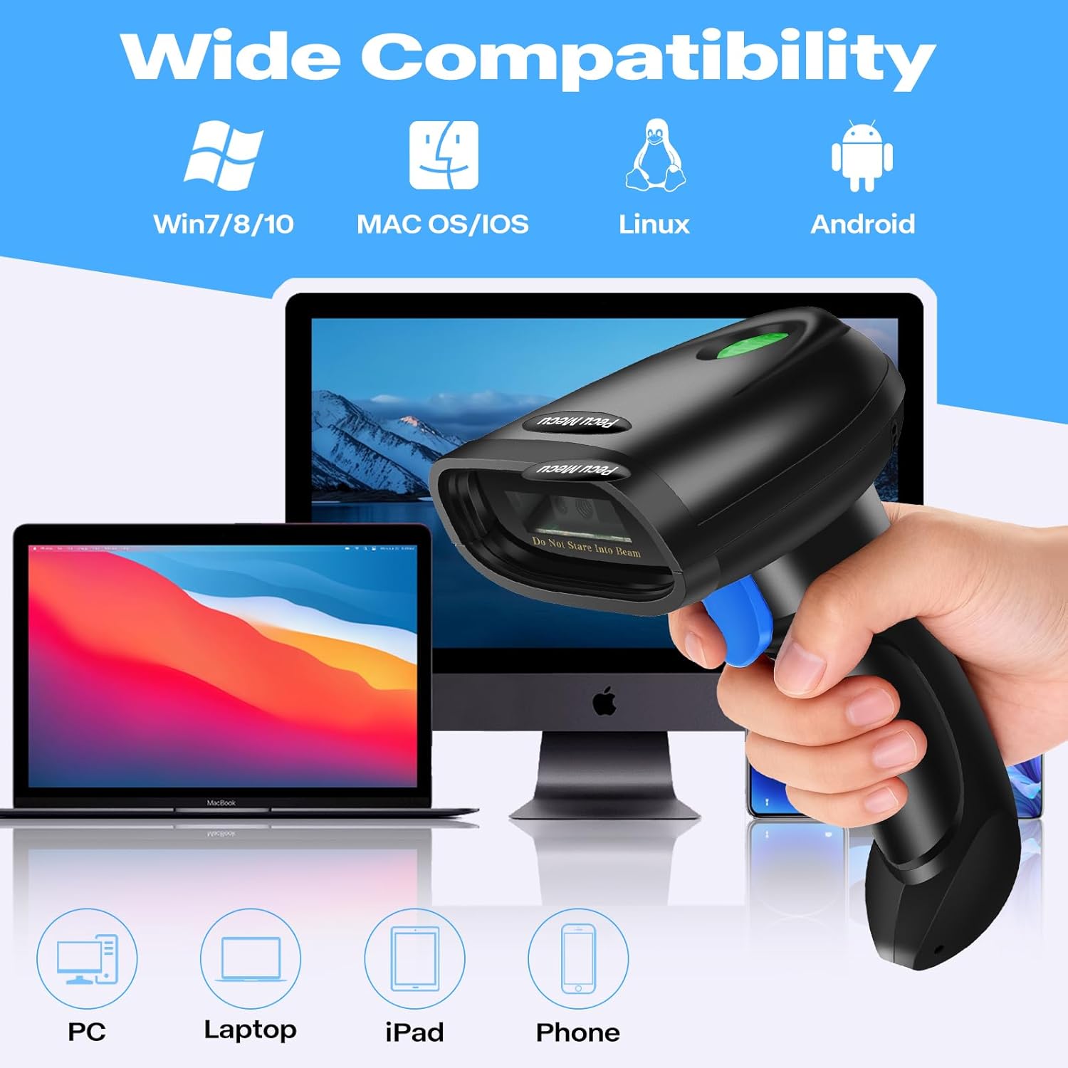 Bluetooth 1D&2D Barcode Scanner, 3-in-1 Bluetooth & USB Wired & 2.4G Wireless QR Barcode Reader, PDF417 Data Matrix Handheld Bar Code Scanner Work with Windows, Android, iOS (TM-10B)