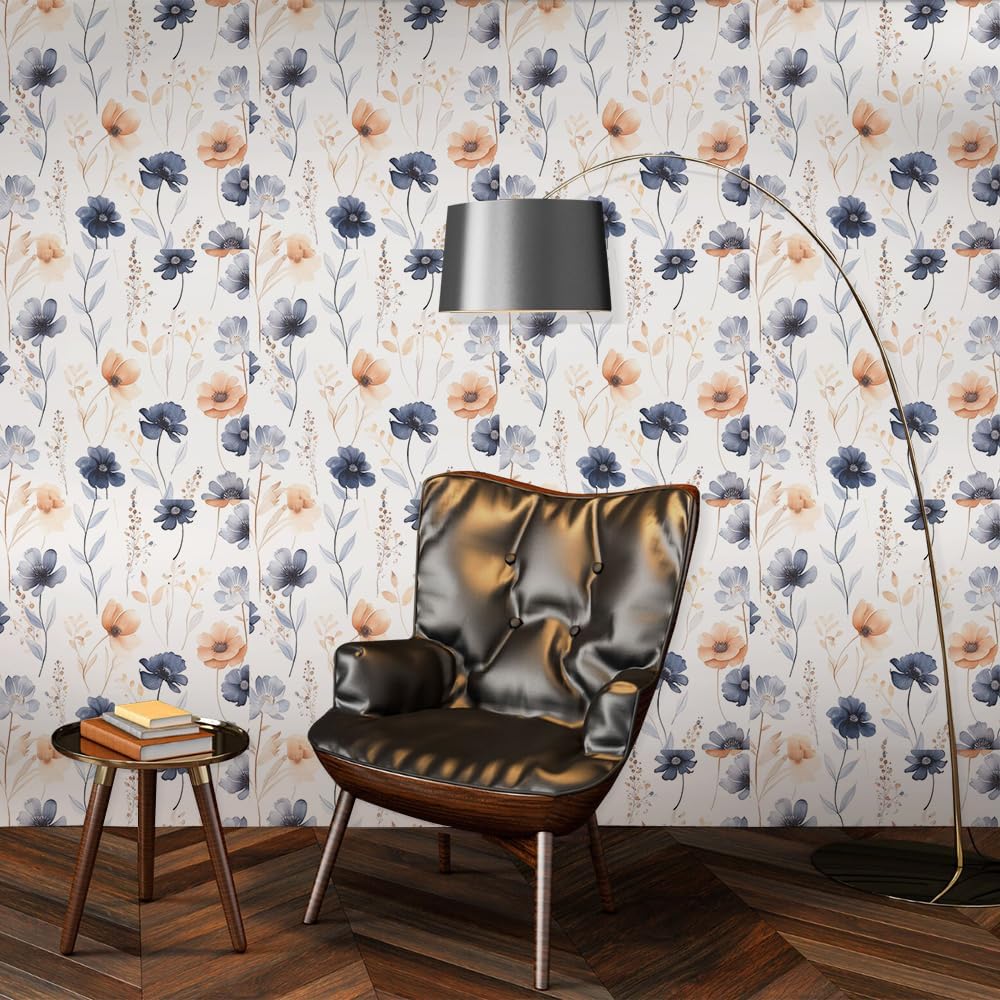 18"x236" Watercolor Dark Blue Orange Wildflower Peel and Stick Wallpaper Easy Peel off Contact Paper Vintage Vinyl Self Adhesive Removable Stick on Wall Paper for Kitchen Cabinet Renter Friendly