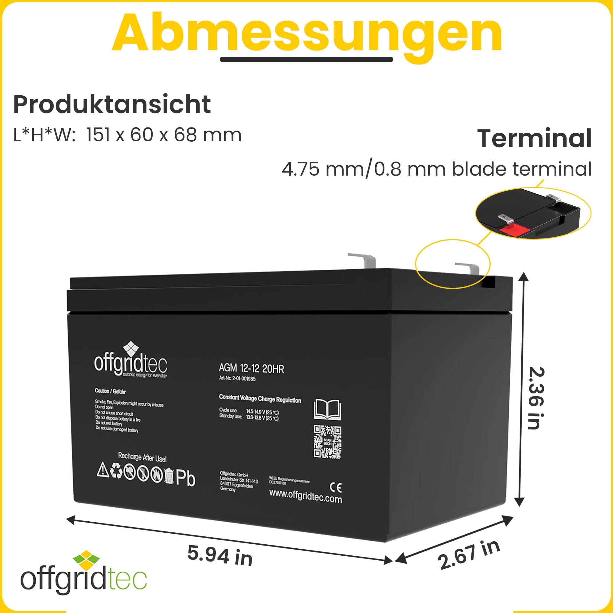 Offgridtec Agm Batteria Solare Estremamente Zyklenfest 12 Ah 20 Stuende 12 V, 2 – 01 – 001985