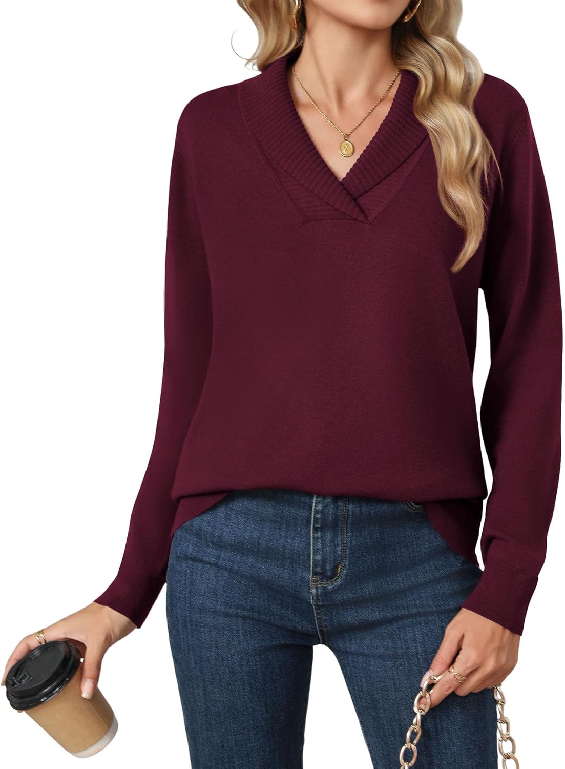 HIYIYEZI Sweaters for Women 2025 Fall Long Sleeve V Neck Collared Knitted Pullover Sweaters