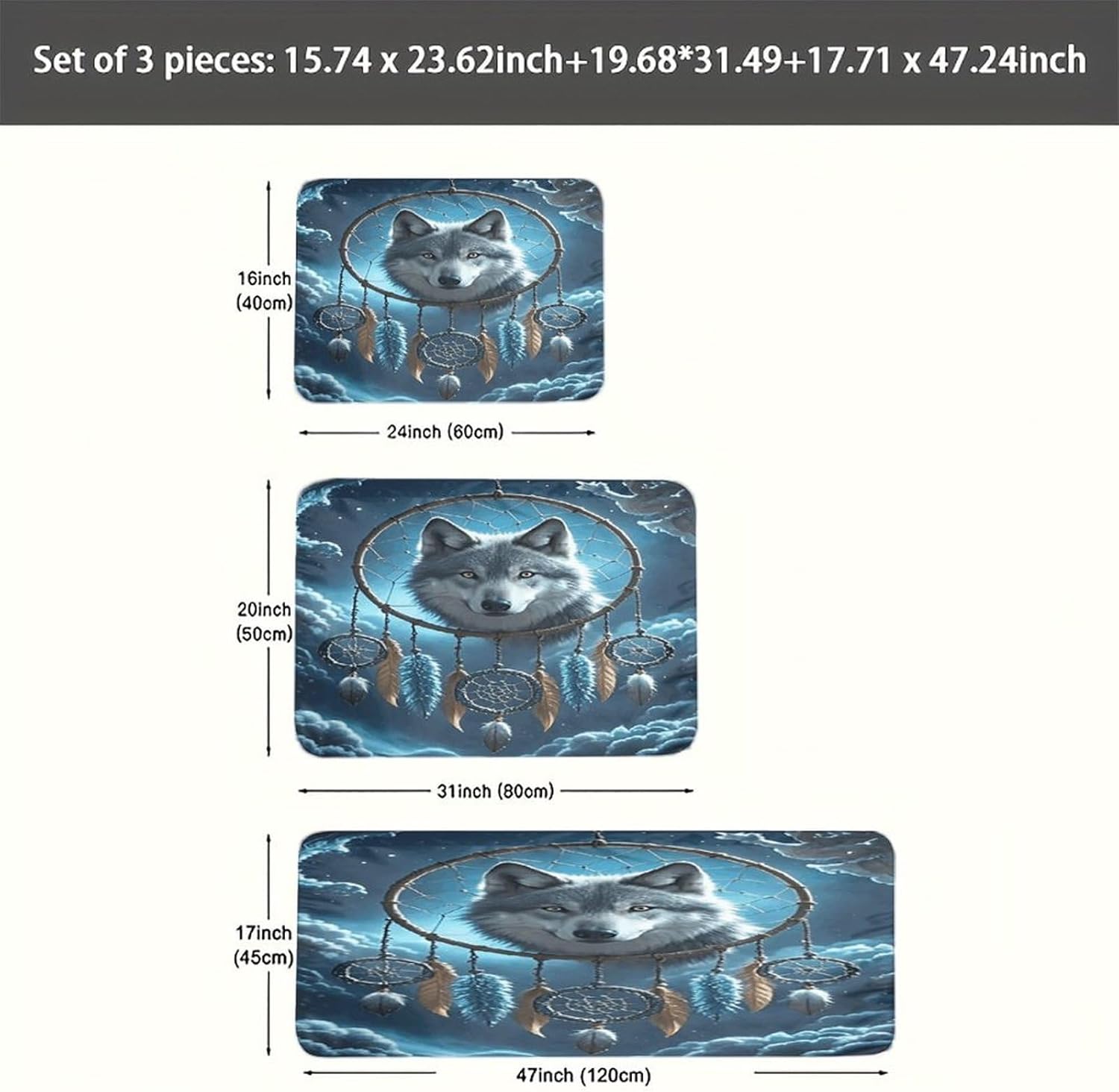 3D Wolf Dream Catcher Kitchen Rugs Sets of 3 Washable Non Slip Kitchen Rug Water Resistant Carpet Piece Anti Fatigue Kitchen Mats Soft Comfort Standing Mat Modern Area Rug