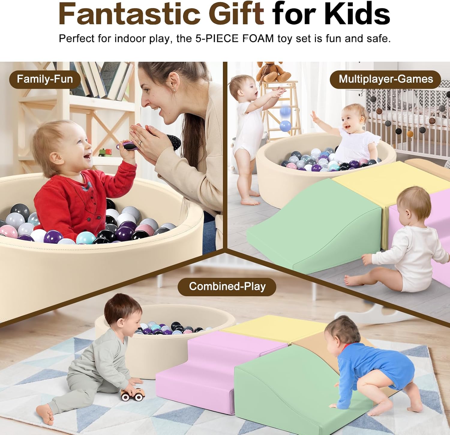 5 Piece Soft Play Device Set, PU Leather Climbing Toy Ball Pit for Toddlers (No Balls), Toddler Crawling Building Blocks Toy, Baby Indoor Crawling Foam Building Blocks Toy (Colorful)