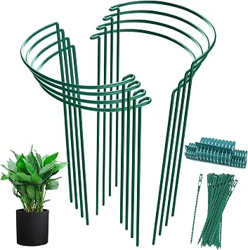 8 Pack Half Round Plant Support Stakes, Green Metal Garden Plant Supports, 9.8W x15.7H Plant Support Rings with 20 Pcs Plant Clips for Indoor Outdoor Plants