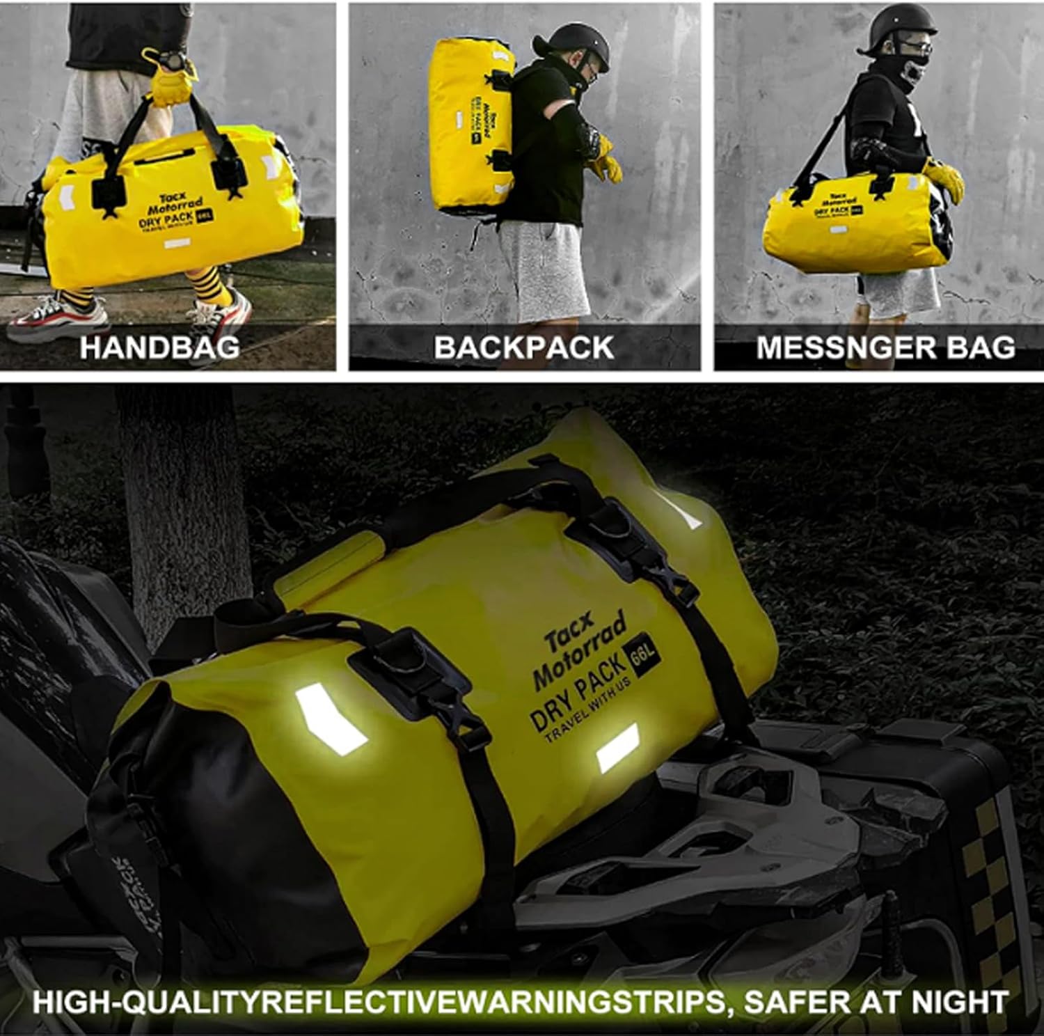 Waterproof Duffel Bag for Men/Women, Roll-top Dry Backpack Duffel Bag with Quick-fixed Straps, Motorcycle Tail Saddle Bag for Motorcycling, Rafting, Boating, Kayaking, Travel, 48L-Yellow - Image 2
