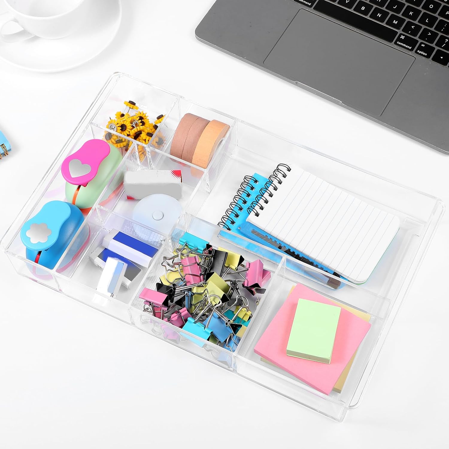 2Pcs 8-Section Clear Drawer Organizer, Large Acrylic Drawer Divider Tray for Desk,Bathroom,Office Makeup,Junk, Plastic Drawers Organizer 13.7" x 8.7" x 2"