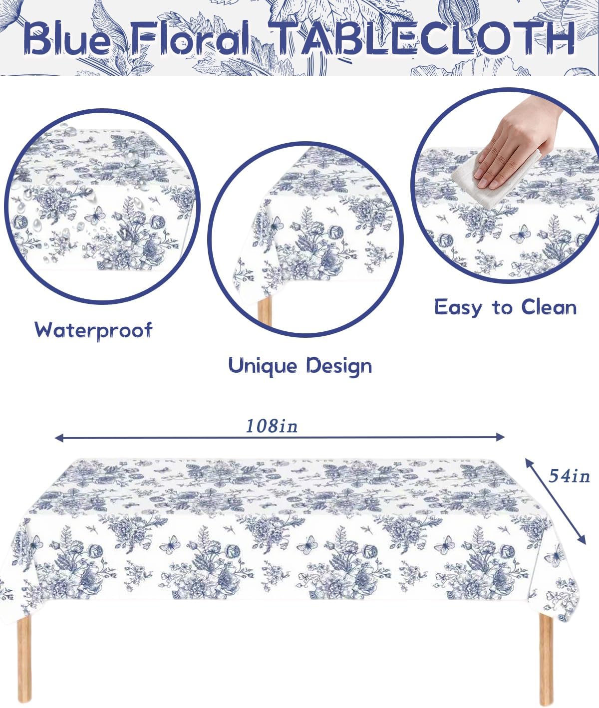 402 Pcs Blue Floral Plates Napkins Cups and Tableclouths Sets - Serves 50, Vintage Floral Disposable Paper Plate for Wedding Birthday Baby Shower Party Chinoiserie Decorations