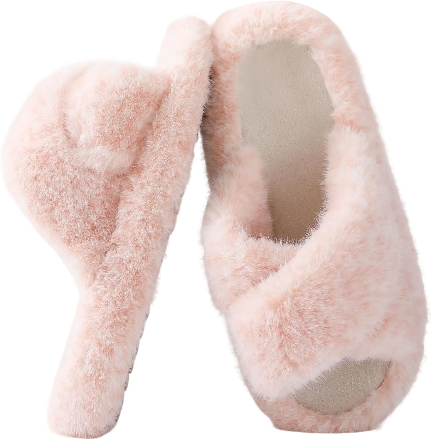 Women's Crisscross Fuzzy Slippers - Soft Plush Open-Toe House Shoes with Non-Slip Sole for Indoor & Outdoor Comfort