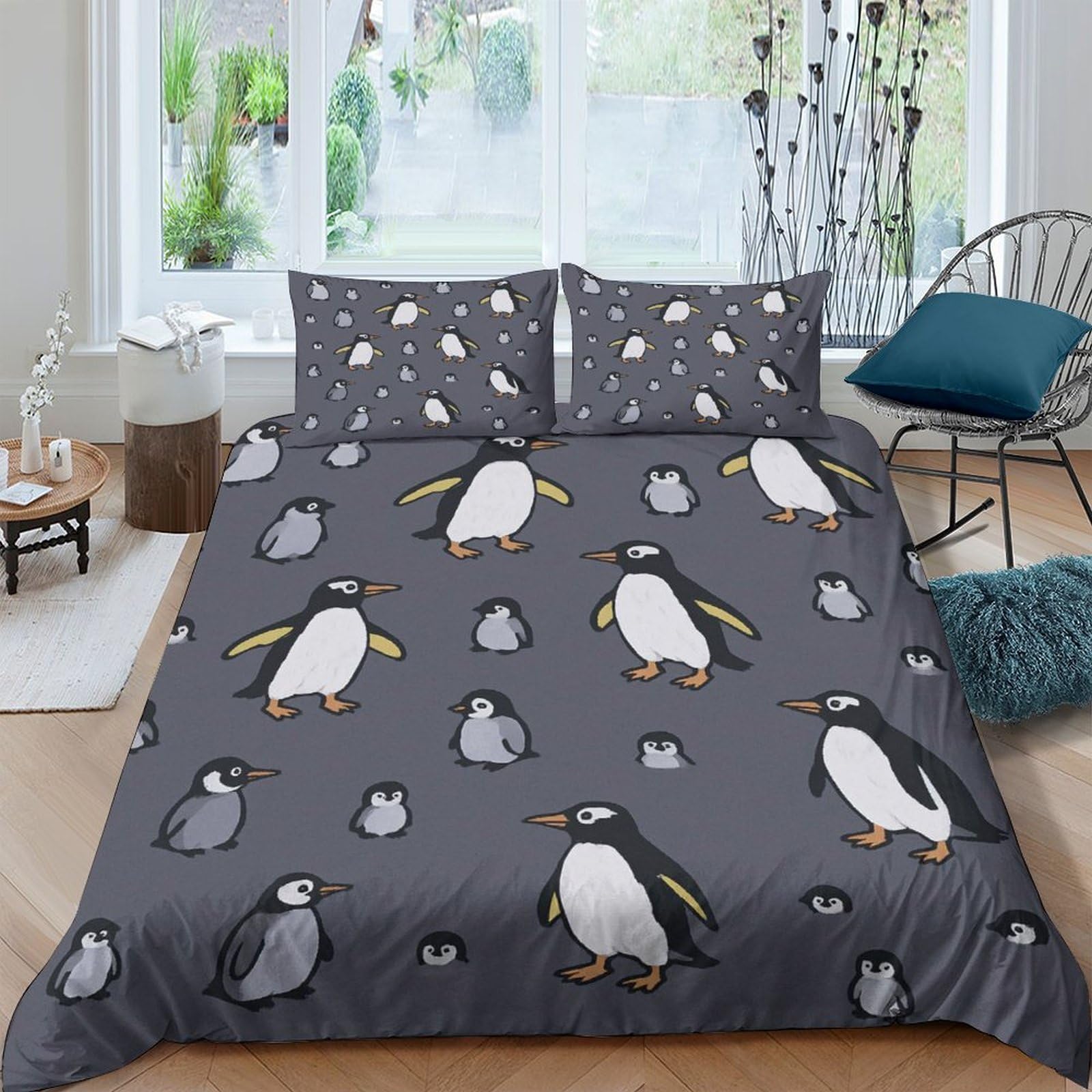Ctjqhvkz Style-2 3D Printed Penguin Family Fitted Sheet Microfiber Soft Grey Cartoon Mattress Cover For Bedroom Dorm Mattress Decor Single（135X200cm）