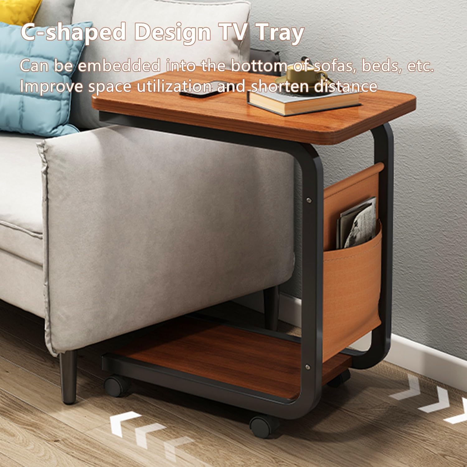 Protable TV Tray Tables, Sofa Side End Table w/Wheels & Storage Rack, Rectangular TV Dinner Table, Laptop Desk Snack Tray for Living Room Bedroom Office