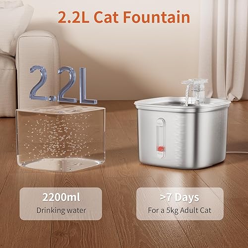 Miniatura 3 de Fuente de agua para gatos, fuentes automáticas para gatos de 2.2 L para beber con efluente de cascada, dispensador de beber para mascotas súper