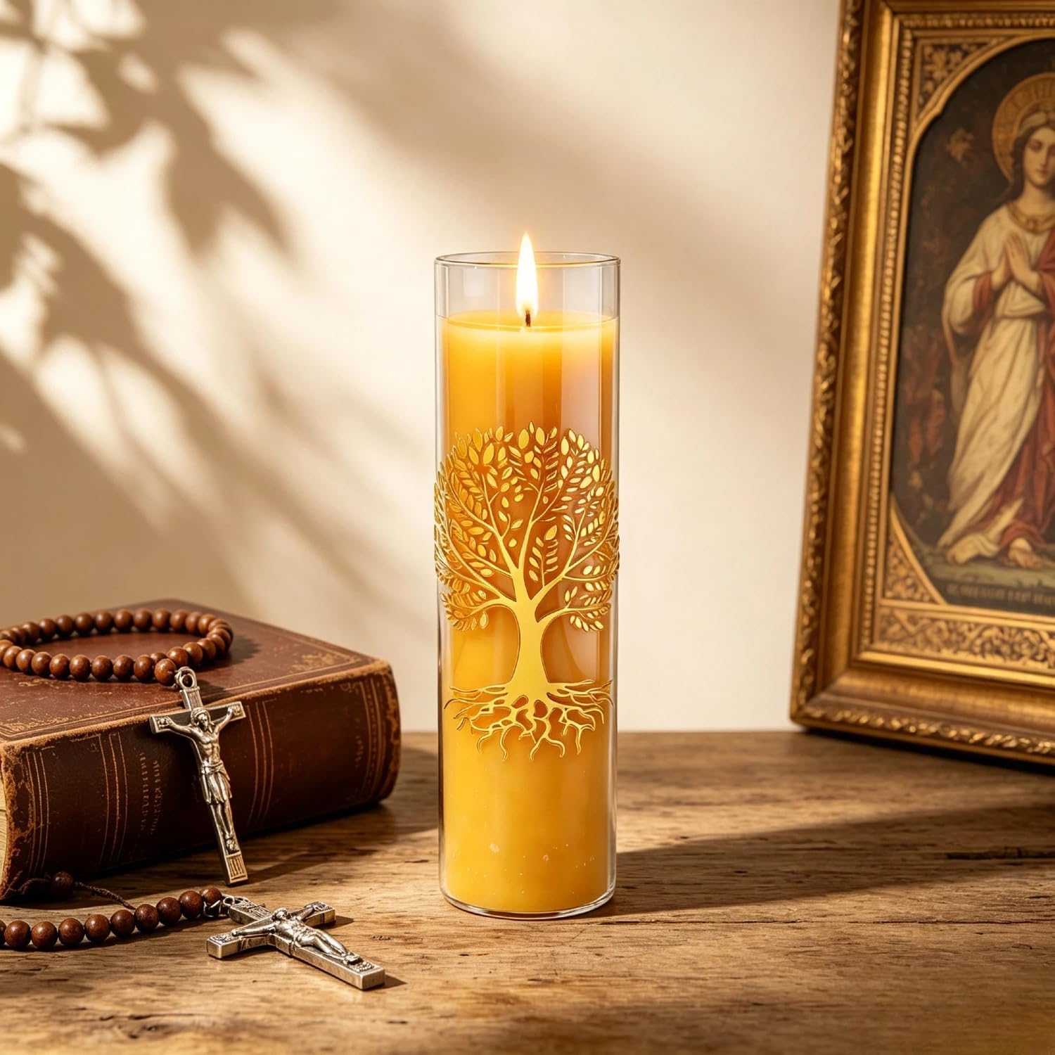 Tree of Life Beeswax Candle in Glass Jar – 68-Hour Religious Candle for Home Altar, Memorial & Devotional Use