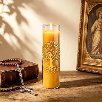 CYS-Edge Tree of Life Beeswax Prayer Candle in Glass Jar, 68-Hour Burn, 1.8 x 5.9 Inches, Yellow