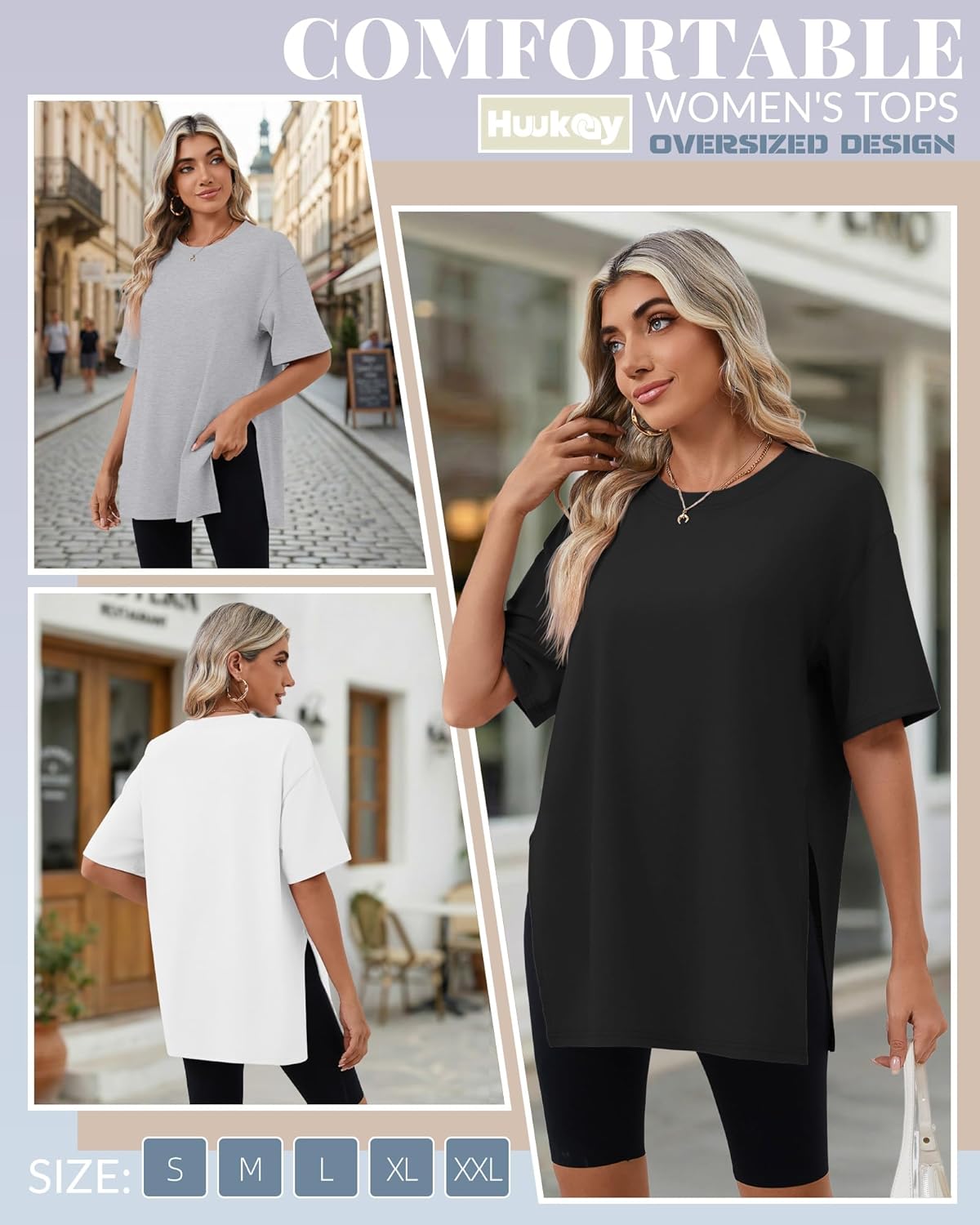 Huukeay 3 Pack Women's Oversized Gym T Shirts Short Sleeve Side Split Crewneck Tops Casual Summer Workout Baggy Basic Tee - Image 5