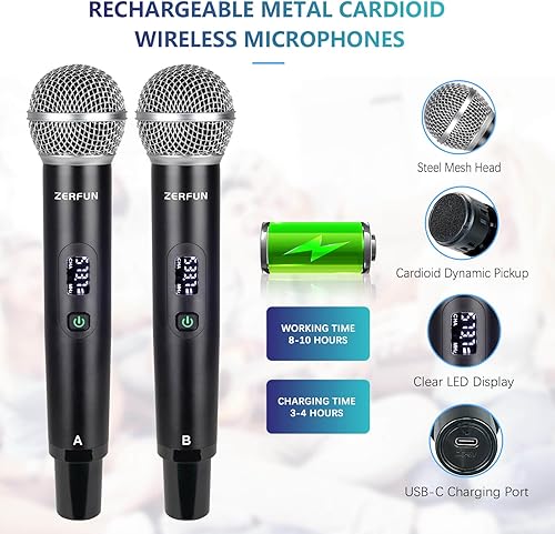 Miniatura 4 de Sistema de micrófono inalámbrico recargable de 4 canales Pro y Pre Effector, micrófonos inalámbricos de mano de metal UHF con corte vocal,