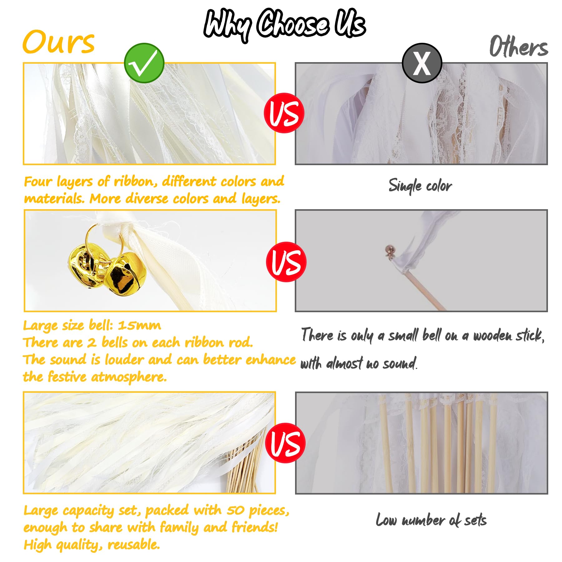Wedding Wands, Pack of 50 Sticks with 100 Large Bells and 150 Wedding Ribbons, Silk Fairy Sticks - Image 4