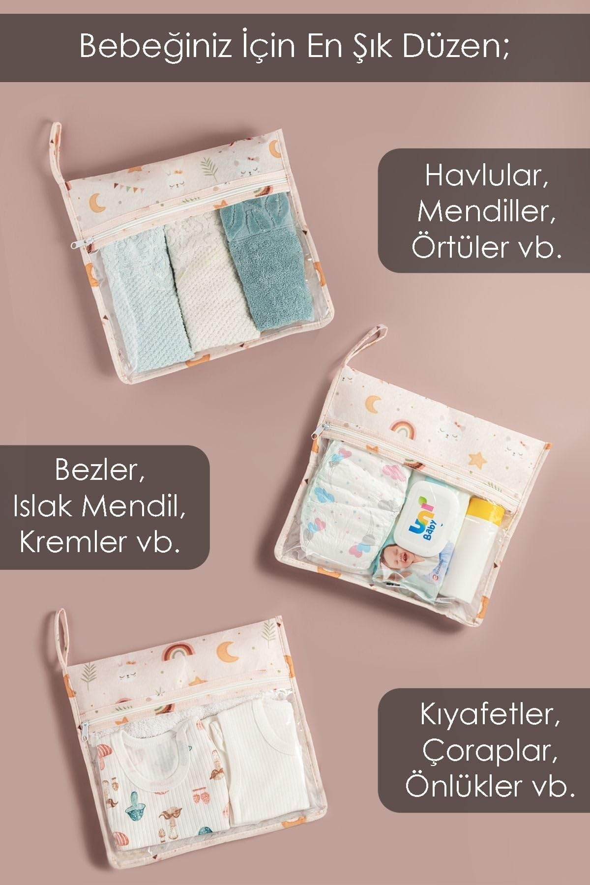 Meleni Baby 4'lü Yeni Doğan Hastane Organizer Set - Bebek Alt Bakım Çantası - Fermuarlı Şeffaf Valiz Düzenleyici