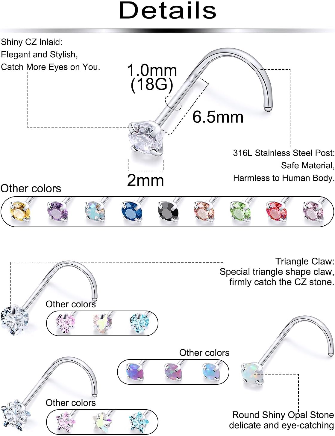 20/18g Nose Rings Studs Straight/L/Corkscrew Shape Bars Piercings Jewelry for Women Hypoallergenic Surgical Stainless Steel - Image 2